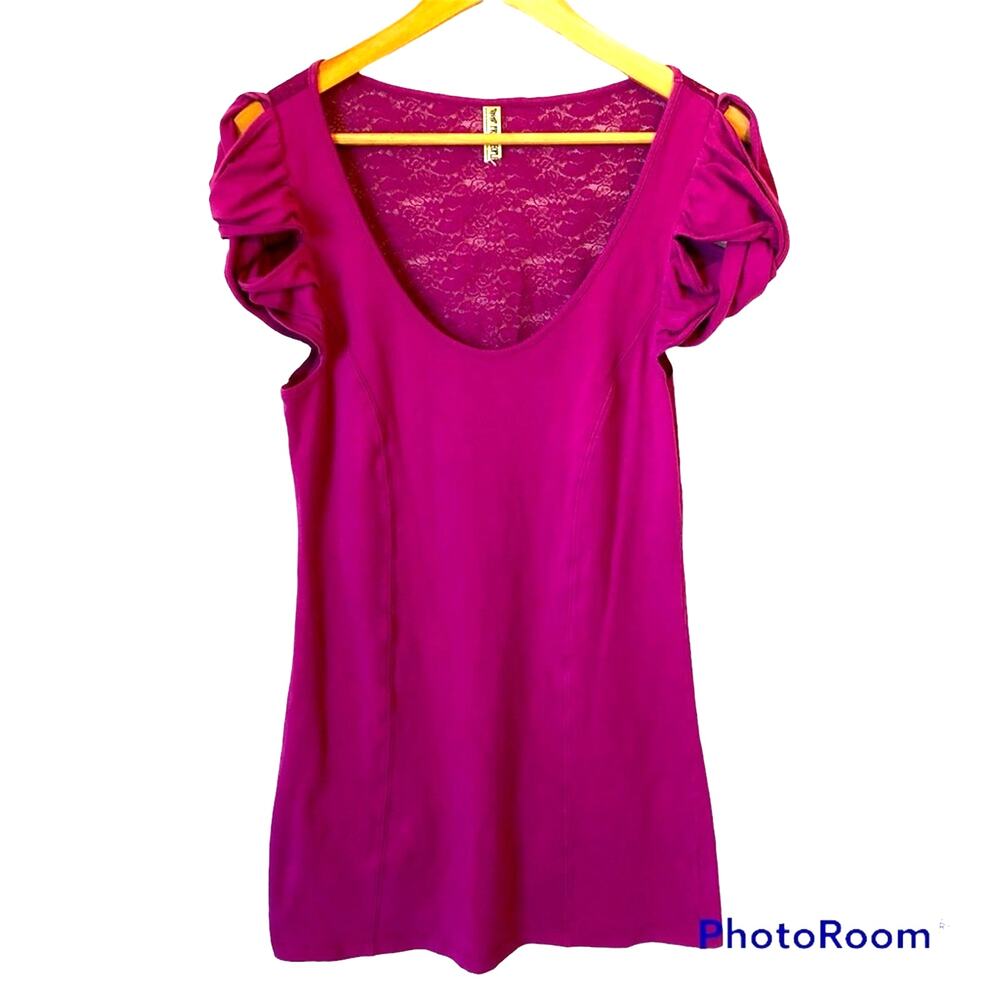 Free People Dress Women's Pink Lace Puff Sleeve Stretch Mini Ruffle Y2K Fairy